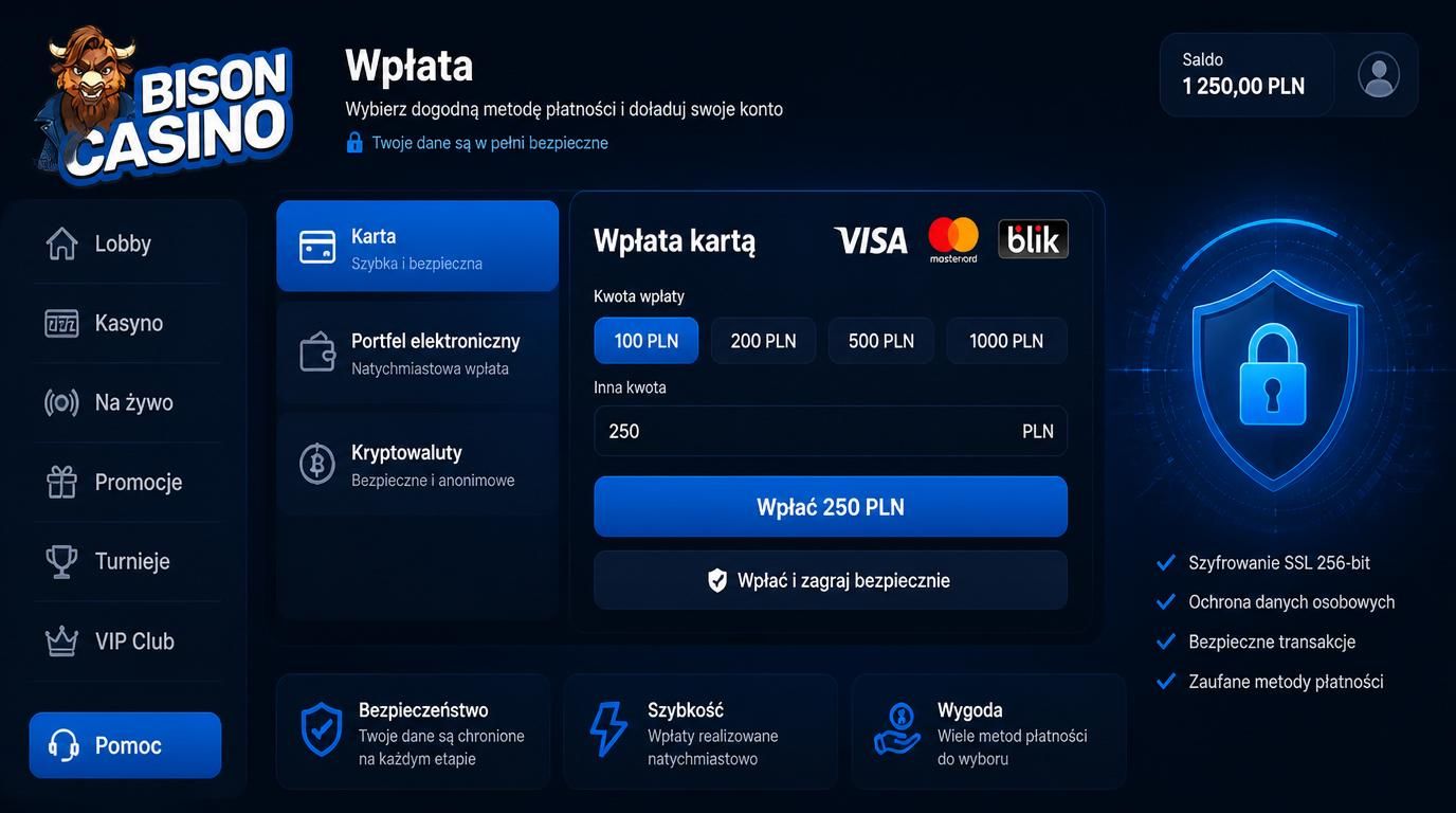 Przykład bezpiecznych metod wpłaty: karta, e-portfel, kryptowaluty
